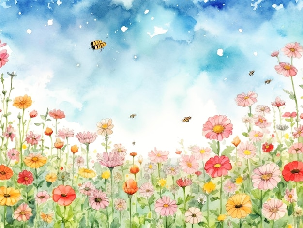 Uma pintura em aquarela de flores com uma abelha no fundo.