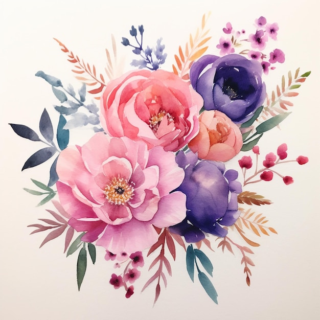 Uma pintura em aquarela de flores com uma rosa e uma azul.