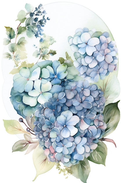 Uma pintura em aquarela de flores de hortênsias azuis.