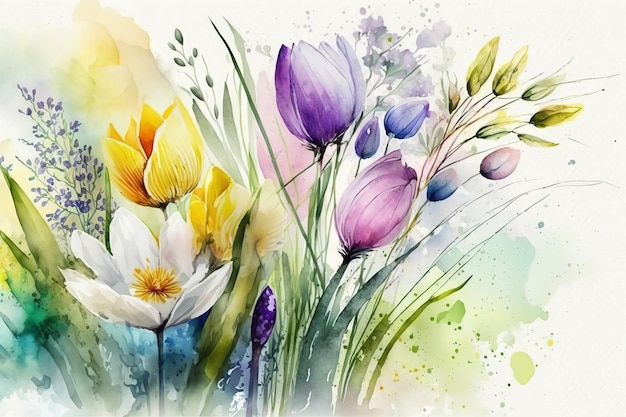 Uma pintura em aquarela de flores e grama.