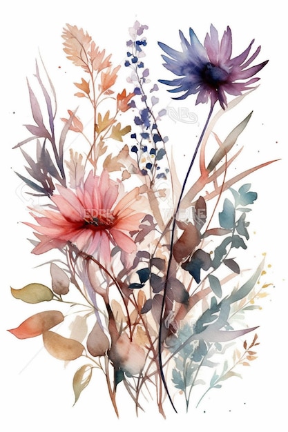 Uma pintura em aquarela de flores e plantas.