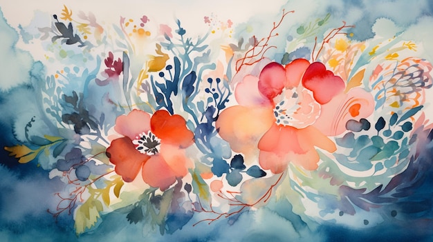 Uma pintura em aquarela de flores em azul e vermelho