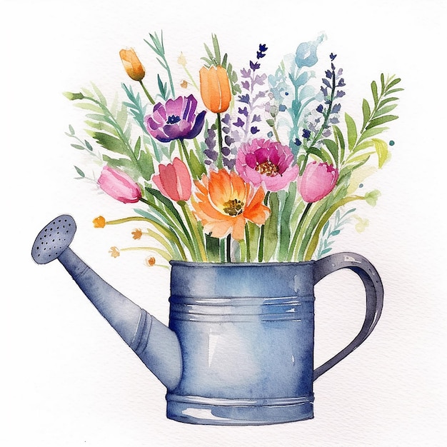 Uma pintura em aquarela de flores em um regador