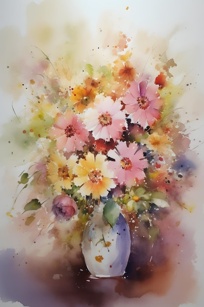Uma pintura em aquarela de flores em um vaso