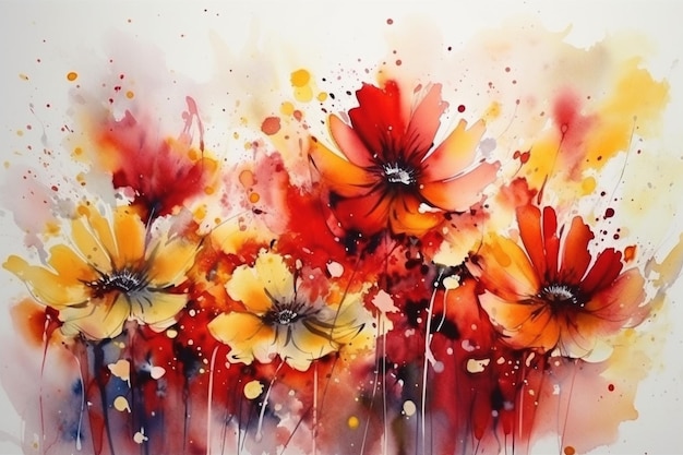 Uma pintura em aquarela de flores em vermelho, laranja e amarelo.