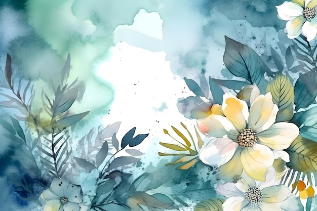 Uma pintura em aquarela de flores sobre um fundo azul