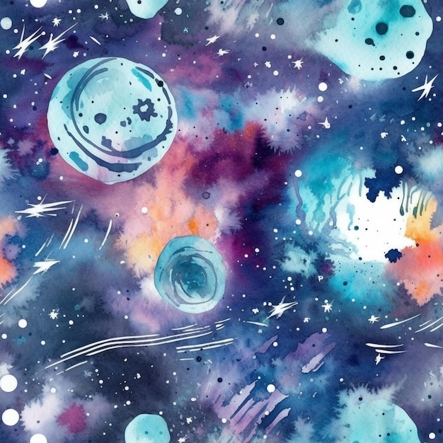 Uma pintura em aquarela de planetas e estrelas.