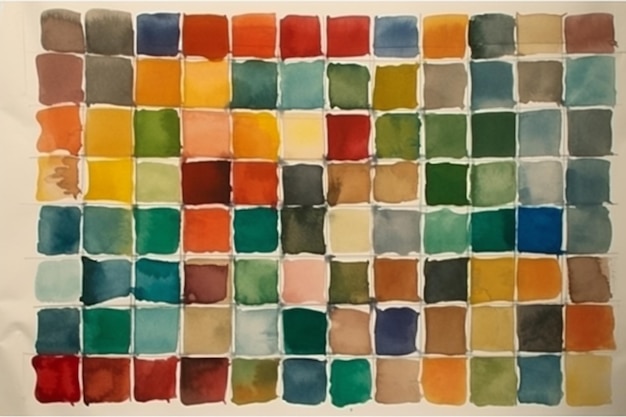 Uma pintura em aquarela de quadrados com cores diferentes.