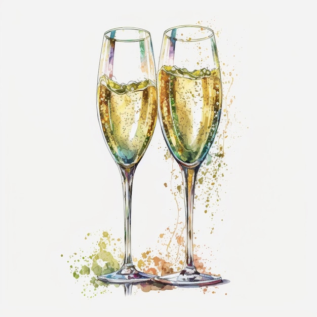 Uma pintura em aquarela de taças de champanhe com a palavra champanhe.