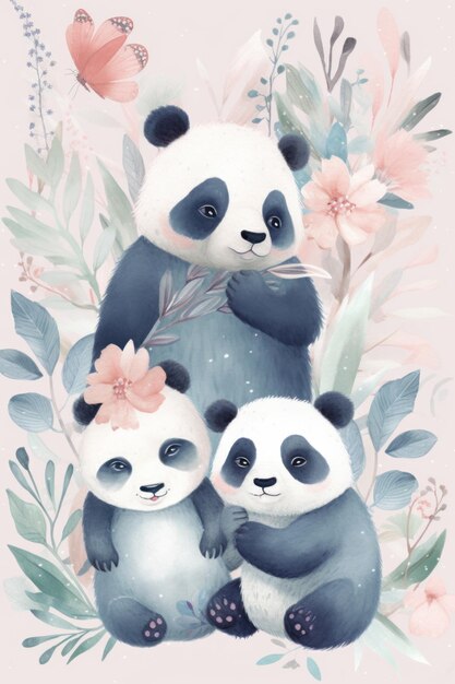 Uma pintura em aquarela de três pandas em um jardim com flores.