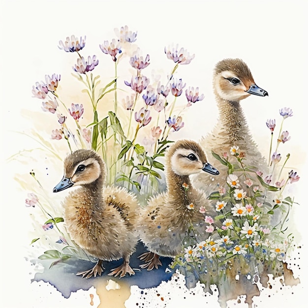 Uma pintura em aquarela de três patos em um campo de flores.