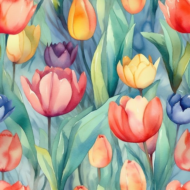 Uma pintura em aquarela de tulipas em um campo com a palavra tulipas.