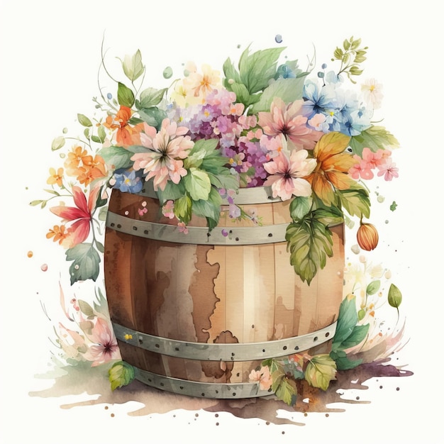 Uma pintura em aquarela de um barril cheio de flores