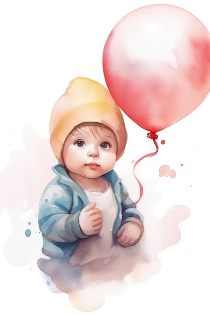 Uma pintura em aquarela de um bebê com balões