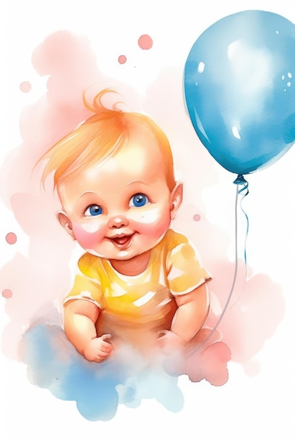 Uma pintura em aquarela de um bebê com balões