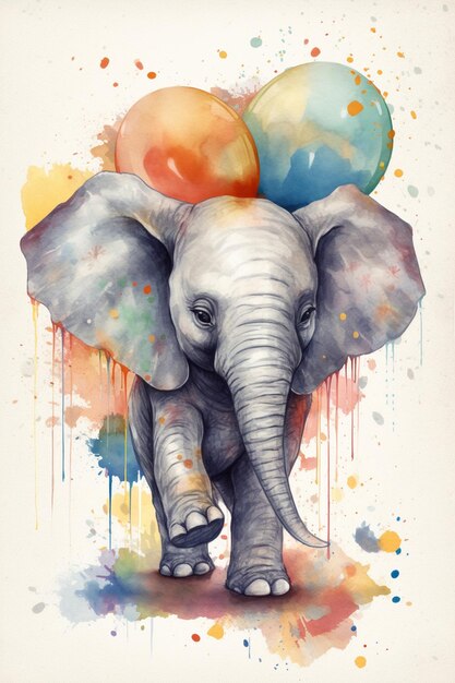 Uma pintura em aquarela de um bebê elefante com balões nele.