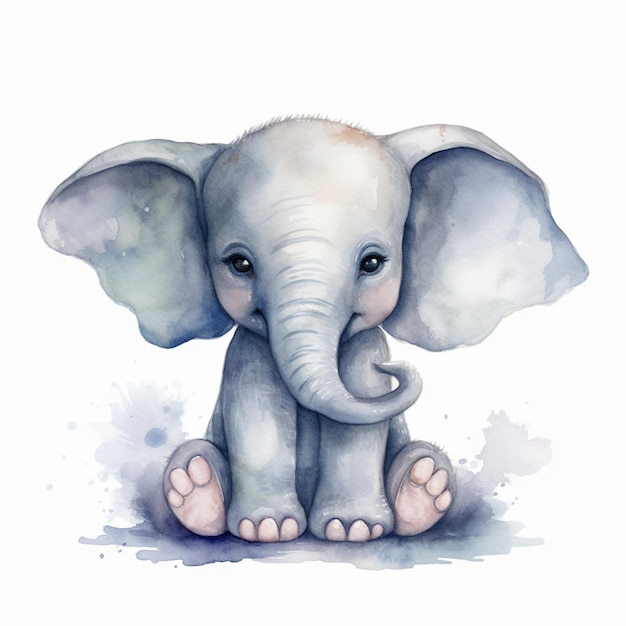 Uma pintura em aquarela de um bebê elefante com olhos azuis está no chão.