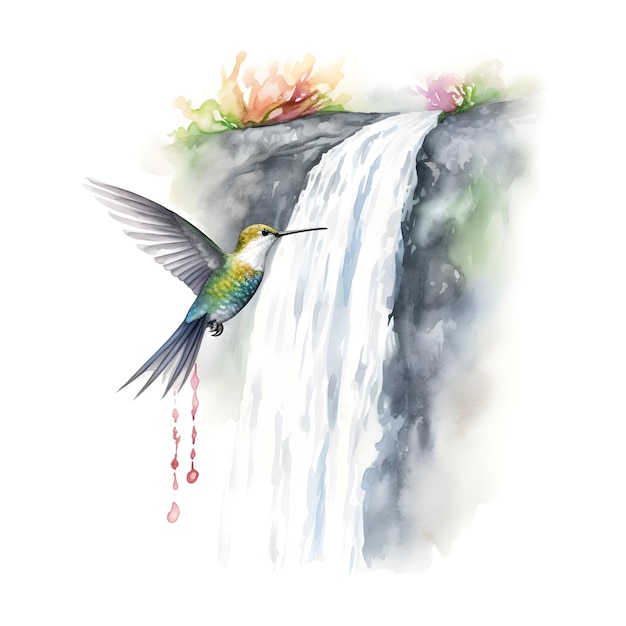 Uma pintura em aquarela de um beija-flor e uma cachoeira com sangue escorrendo.