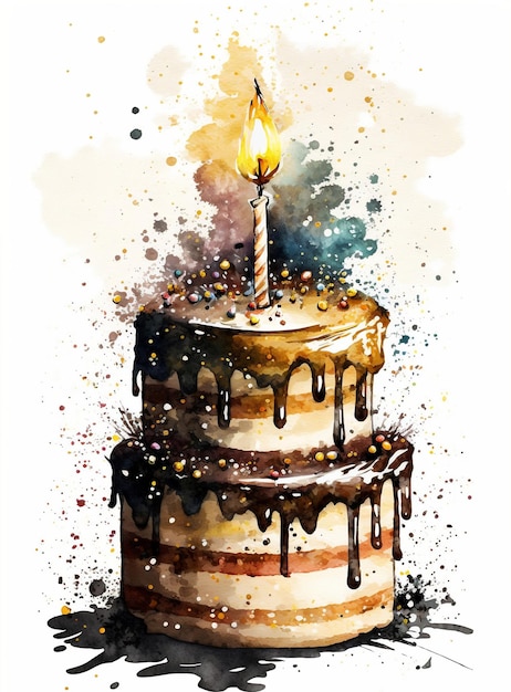 Uma pintura em aquarela de um bolo de aniversário com uma vela acesa.
