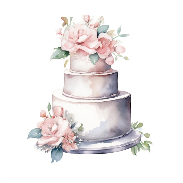 Foto uma pintura em aquarela de um bolo de casamento com flores cor de rosa e folhas verdes.