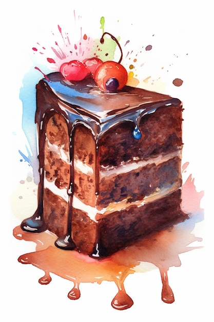 Uma pintura em aquarela de um bolo de chocolate com cerejas no topo.