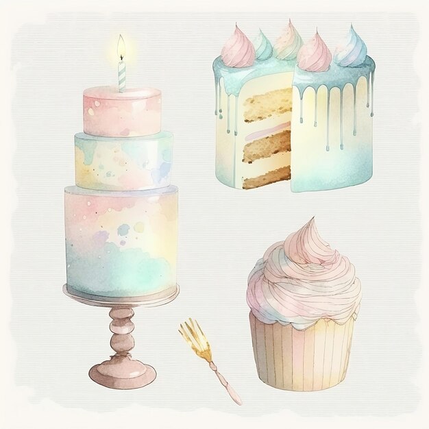 Uma pintura em aquarela de um bolo, um cupcake e um bolo.