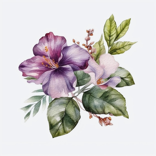 Uma pintura em aquarela de um buquê de flores com folhas verdes.