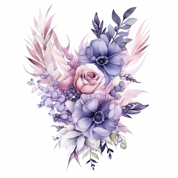 Uma pintura em aquarela de um buquê de flores com rosas azuis e rosa.