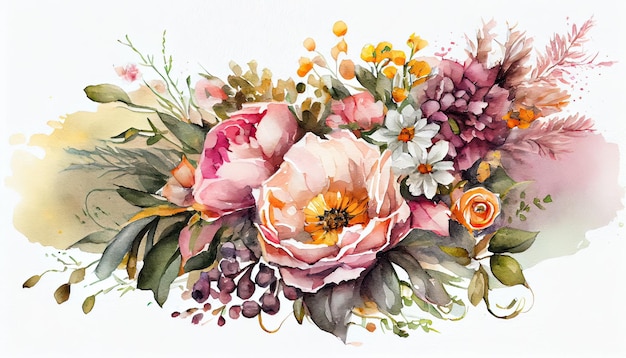 Uma pintura em aquarela de um buquê de flores.