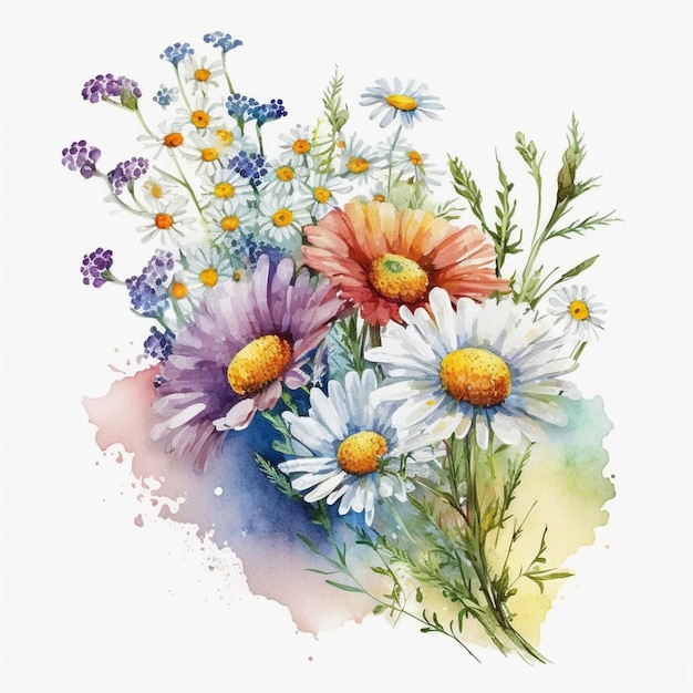 Uma pintura em aquarela de um buquê de flores.