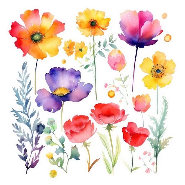 Uma pintura em aquarela de um buquê de flores.