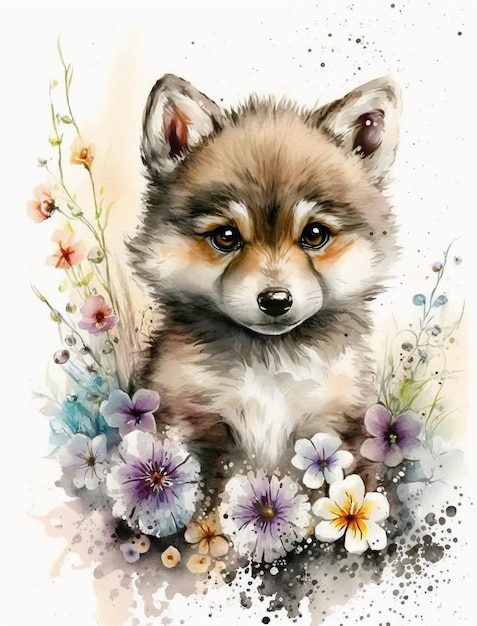 Uma pintura em aquarela de um cachorrinho em flores.