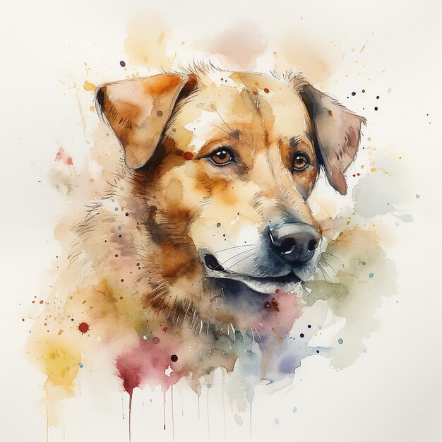 Uma pintura em aquarela de um cachorro com nariz e orelhas marrons