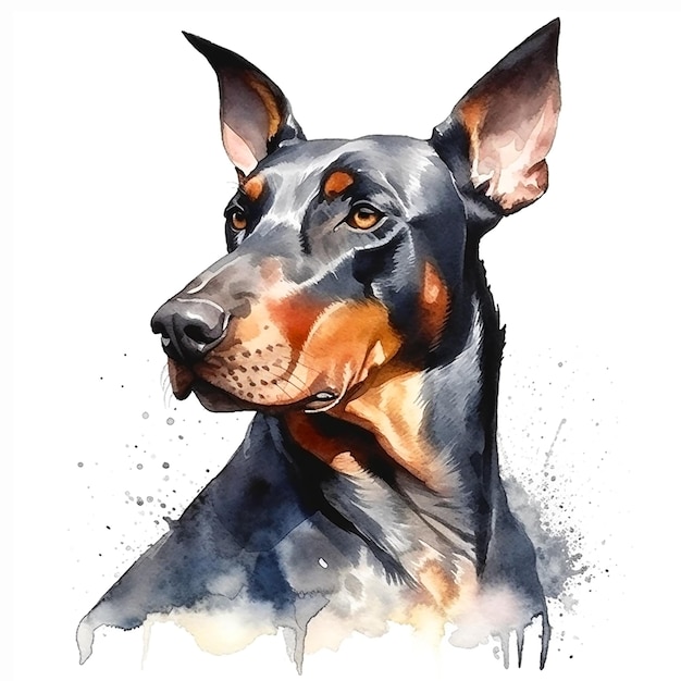 Uma pintura em aquarela de um cachorro com o nome doberman.