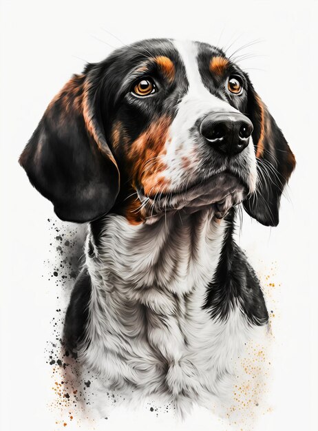 Uma pintura em aquarela de um cachorro com rosto preto e branco e olhos castanhos.