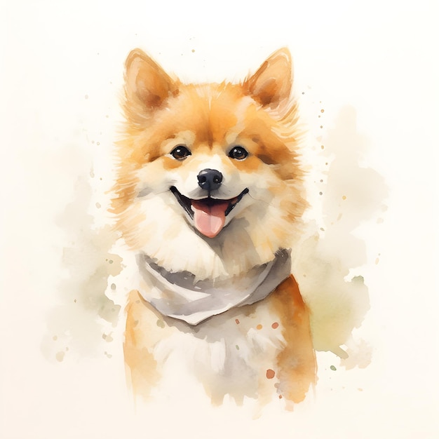 Uma pintura em aquarela de um cachorro com um lenço no pescoço.