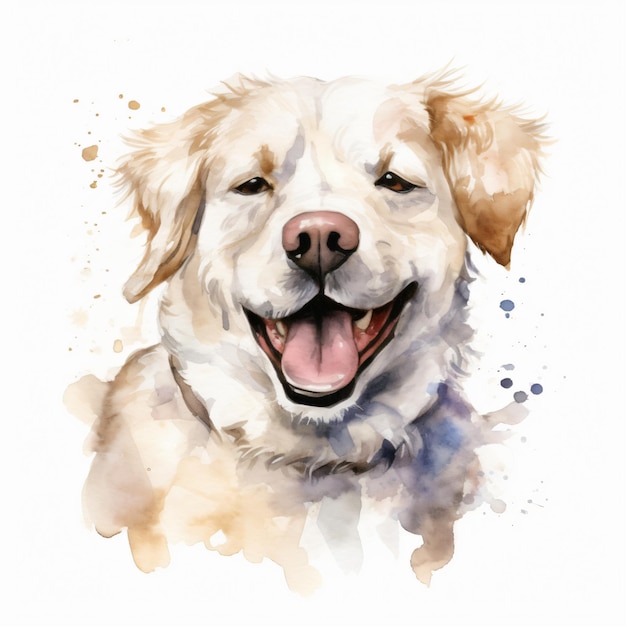 Uma pintura em aquarela de um cachorro com uma cara feliz.