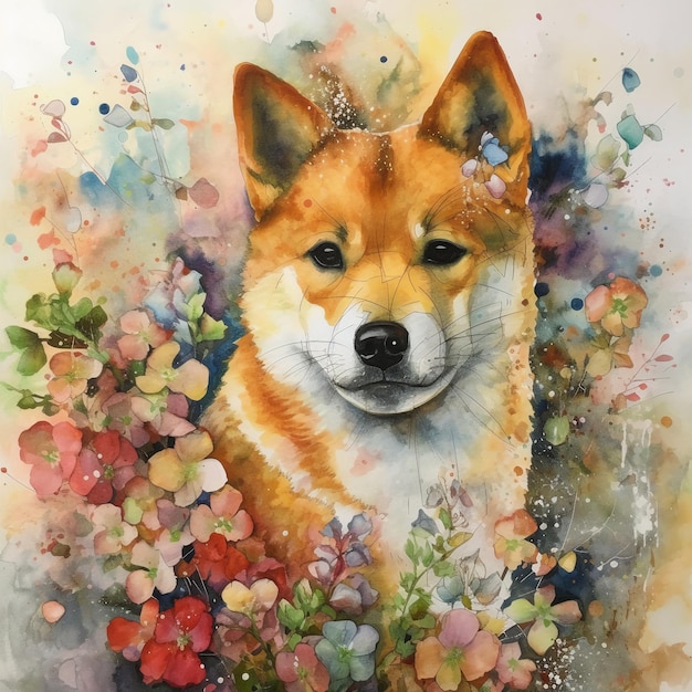 Uma pintura em aquarela de um cachorro shiba inu.