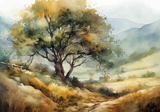 Uma pintura em aquarela de um caminho em um campo