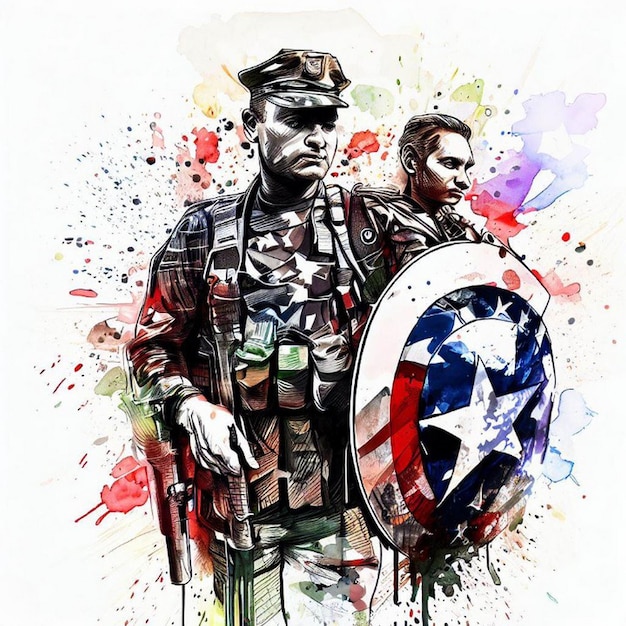 Uma pintura em aquarela de um capitão América e um soldado