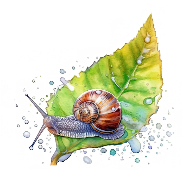 Uma pintura em aquarela de um caracol em uma folha Imagem generativa de IA