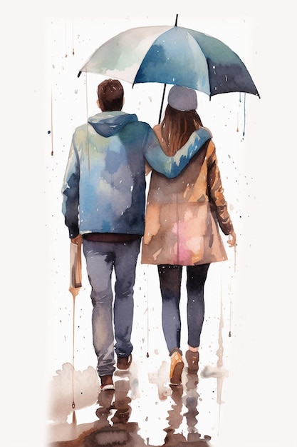 Uma pintura em aquarela de um casal andando sob um guarda-chuva