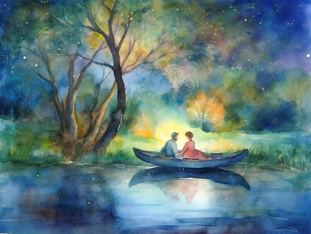 Uma pintura em aquarela de um casal em um barco em um lago