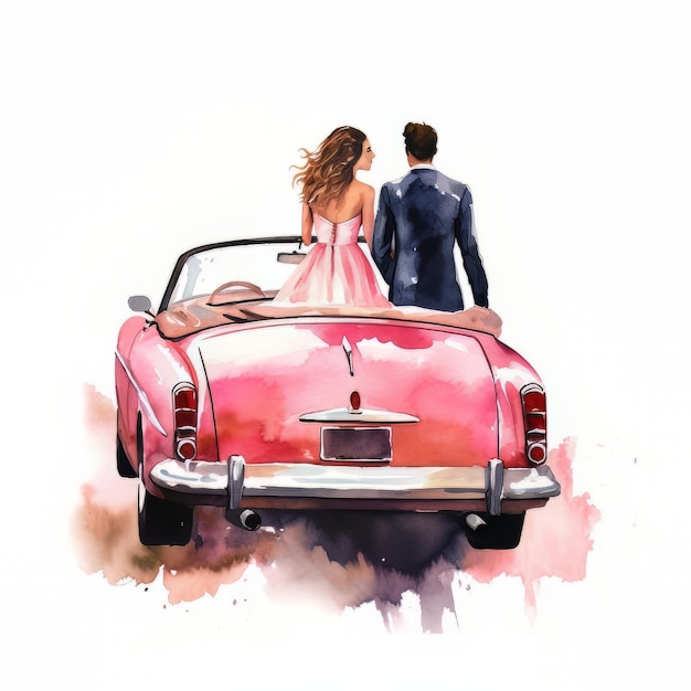 Uma pintura em aquarela de um casal em um conversível rosa