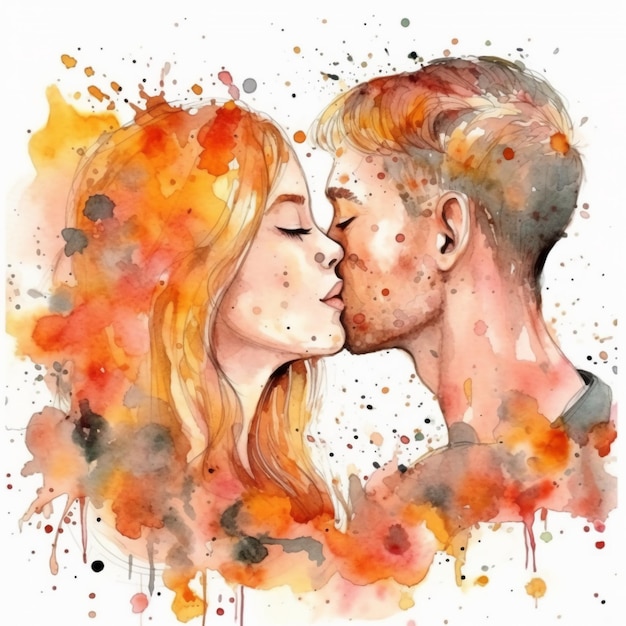 Uma pintura em aquarela de um casal se beijando.