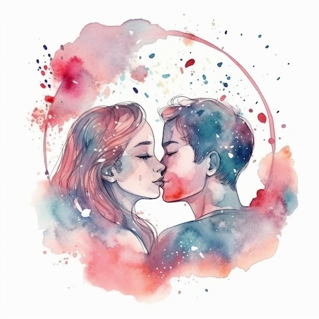 Uma pintura em aquarela de um casal se beijando.