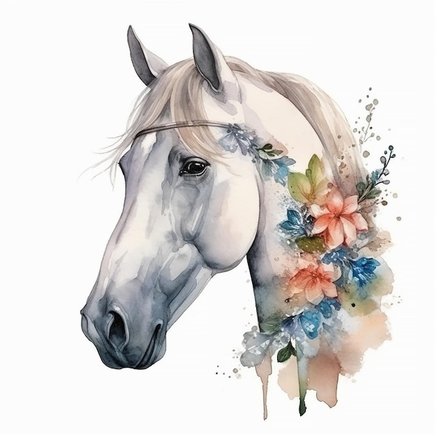 Uma pintura em aquarela de um cavalo com flores na cabeça.