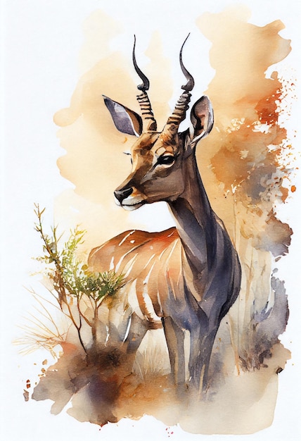 Uma pintura em aquarela de um cervo com chifres