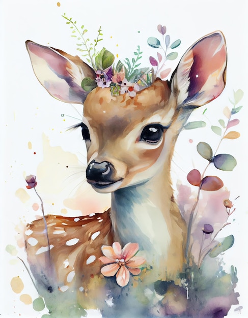 Uma pintura em aquarela de um cervo com flores.