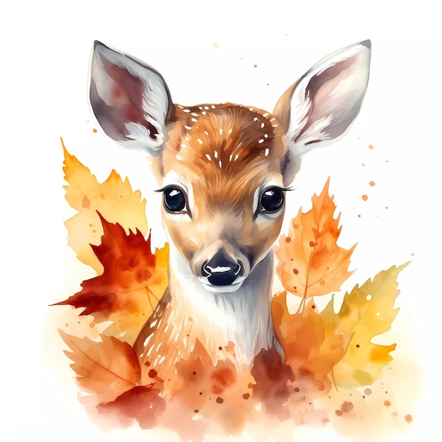 Uma pintura em aquarela de um cervo com folhas de outono.